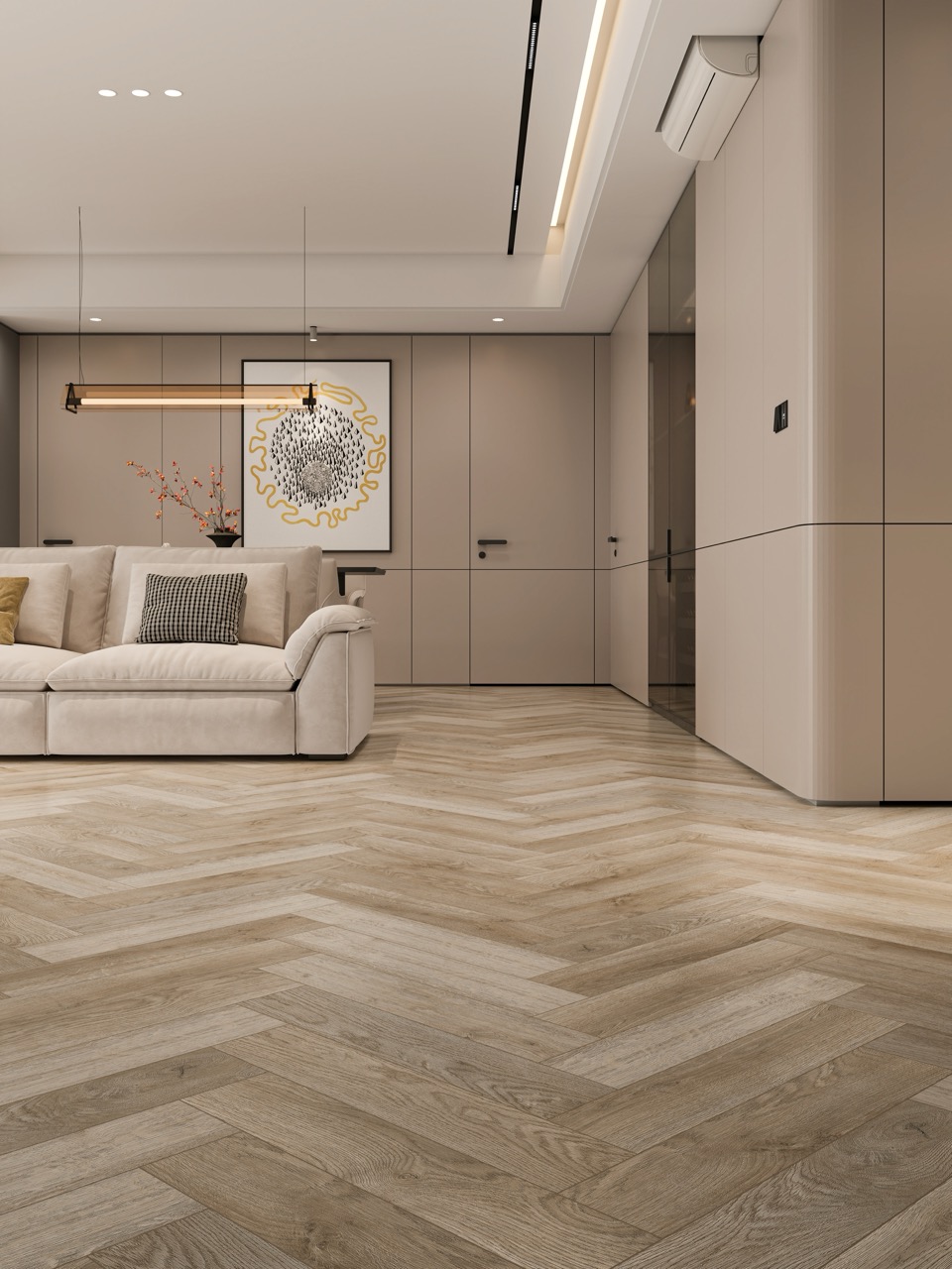 Кварцвиниловый SPC ламинат Cronafloor Herringbone Дуб Лилль H007 венгерская елка 640×128×4,5 фото в интерьере